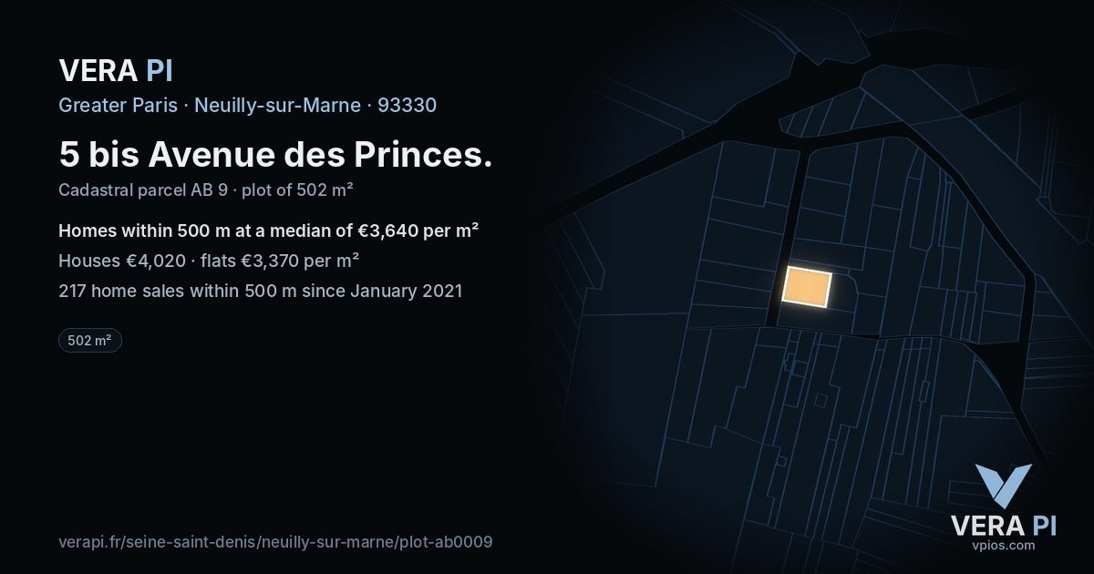 5 bis Avenue des Princes, Neuilly-sur-Marne at night – the plot lit, the parcels around coloured by the prices near them