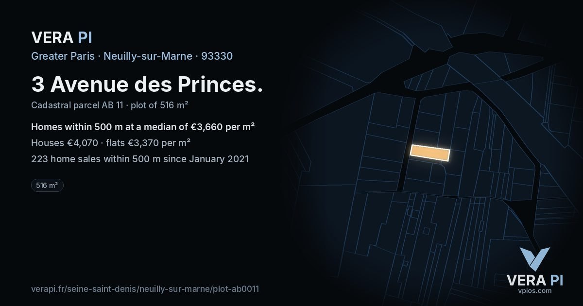 3 Avenue des Princes, Neuilly-sur-Marne at night – the plot lit, the parcels around coloured by the prices near them