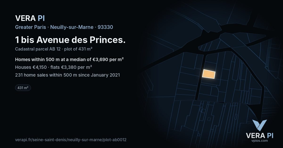 1 bis Avenue des Princes, Neuilly-sur-Marne at night – the plot lit, the parcels around coloured by the prices near them