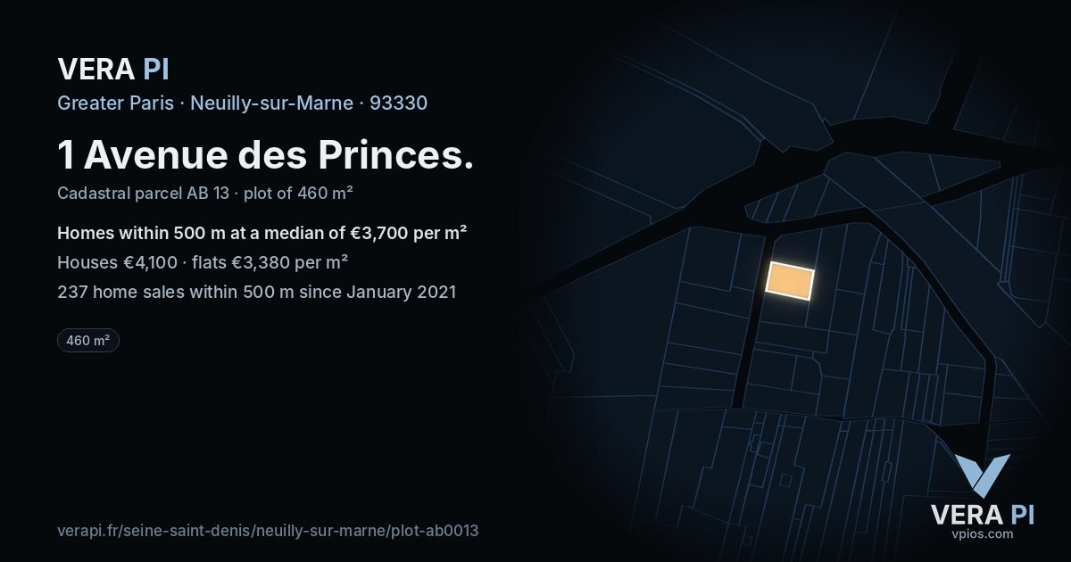 1 Avenue des Princes, Neuilly-sur-Marne at night – the plot lit, the parcels around coloured by the prices near them