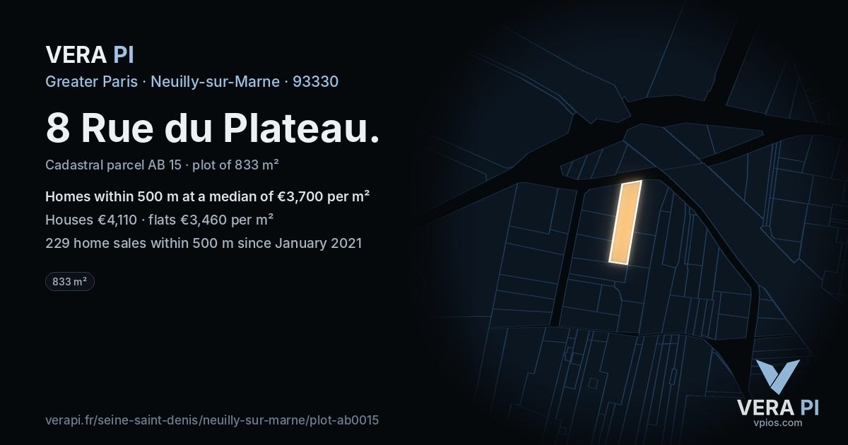 8 Rue du Plateau, Neuilly-sur-Marne at night – the plot lit, the parcels around coloured by the prices near them
