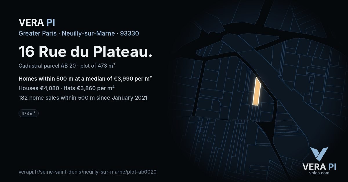 16 Rue du Plateau, Neuilly-sur-Marne at night – the plot lit, the parcels around coloured by the prices near them