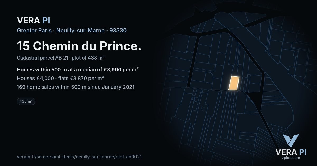 15 Chemin du Prince, Neuilly-sur-Marne at night – the plot lit, the parcels around coloured by the prices near them