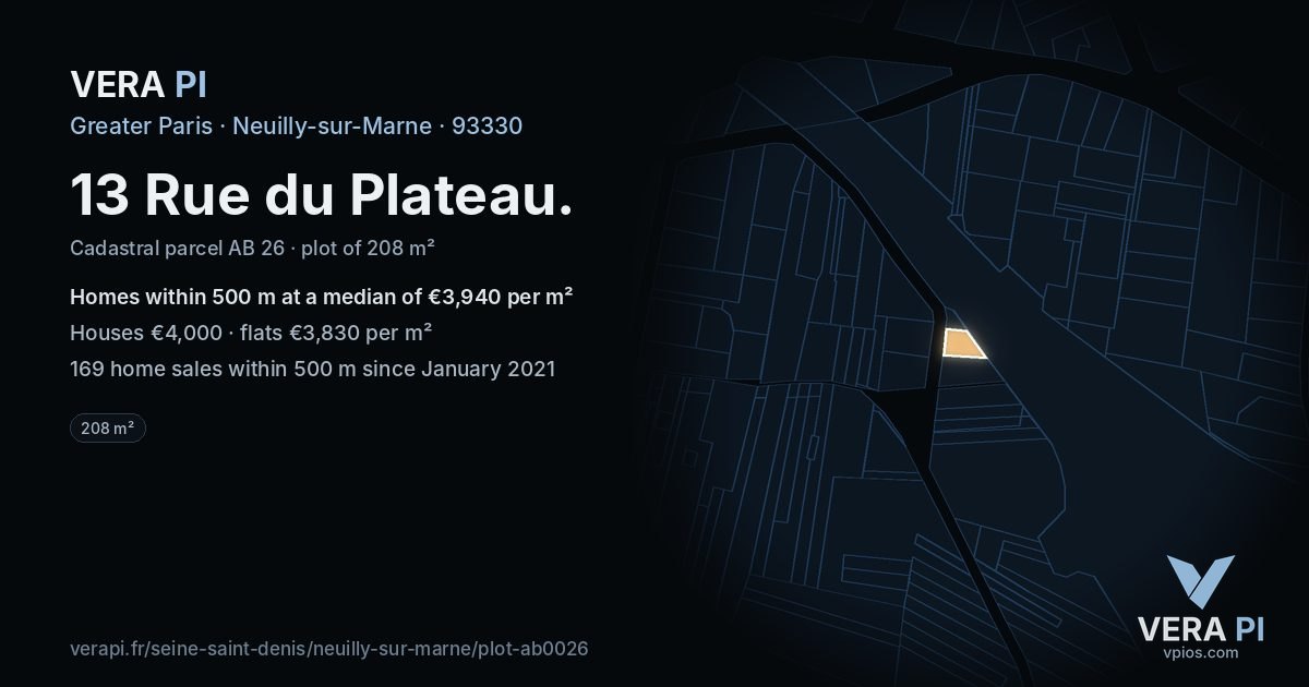 13 Rue du Plateau, Neuilly-sur-Marne at night – the plot lit, the parcels around coloured by the prices near them