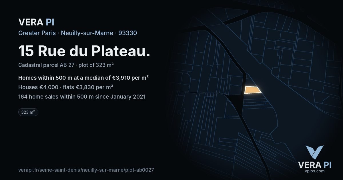 15 Rue du Plateau, Neuilly-sur-Marne at night – the plot lit, the parcels around coloured by the prices near them