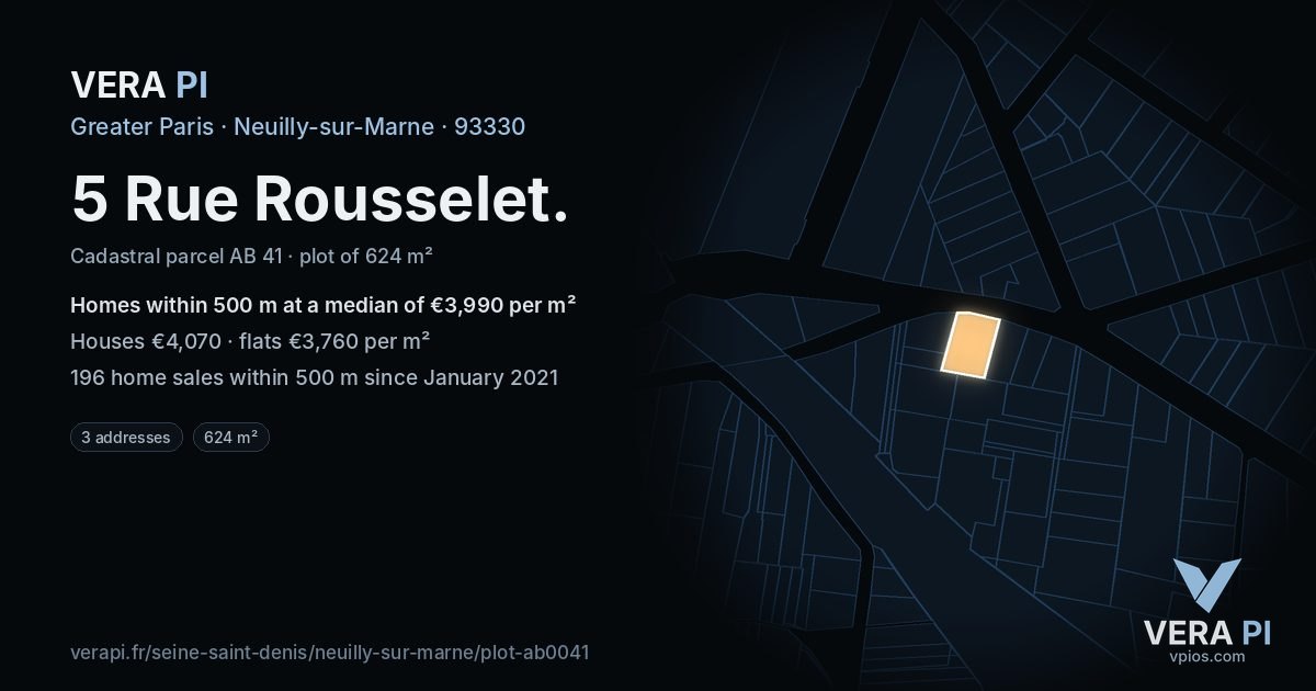 5 Rue Rousselet, Neuilly-sur-Marne at night – the plot lit, the parcels around coloured by the prices near them