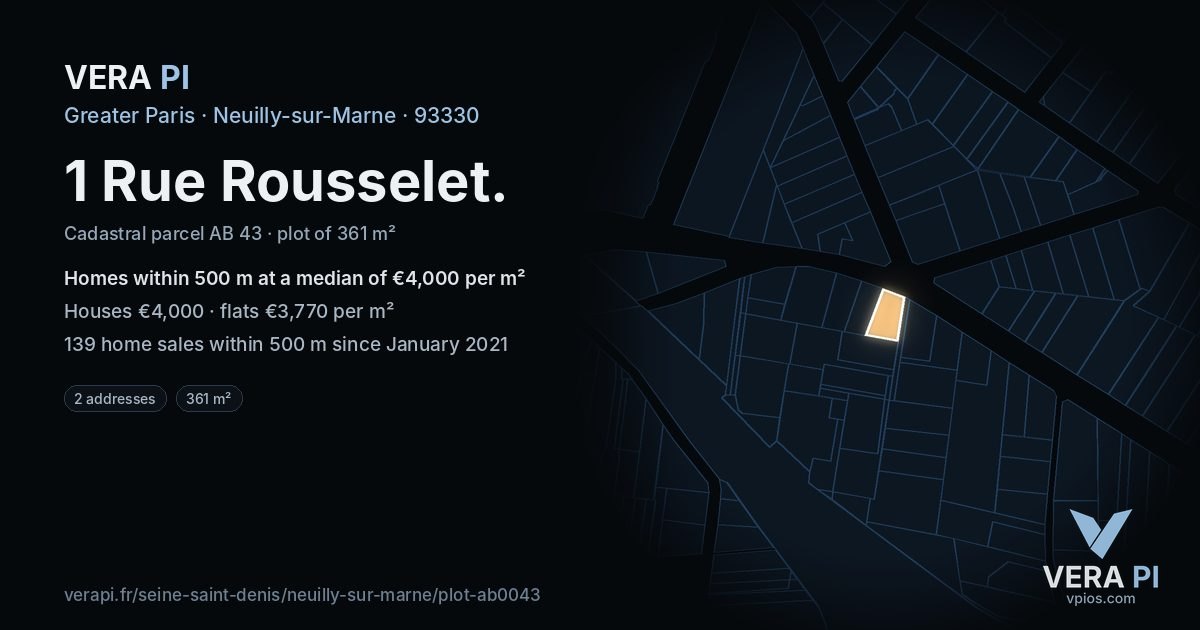 1 Rue Rousselet, Neuilly-sur-Marne at night – the plot lit, the parcels around coloured by the prices near them