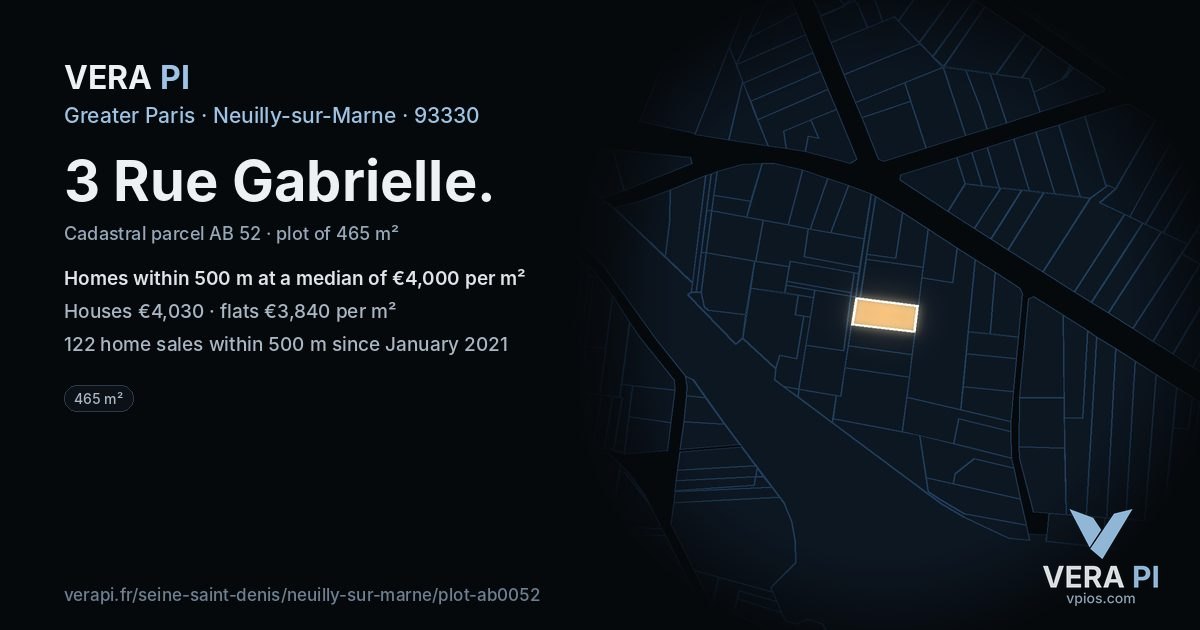 3 Rue Gabrielle, Neuilly-sur-Marne at night – the plot lit, the parcels around coloured by the prices near them