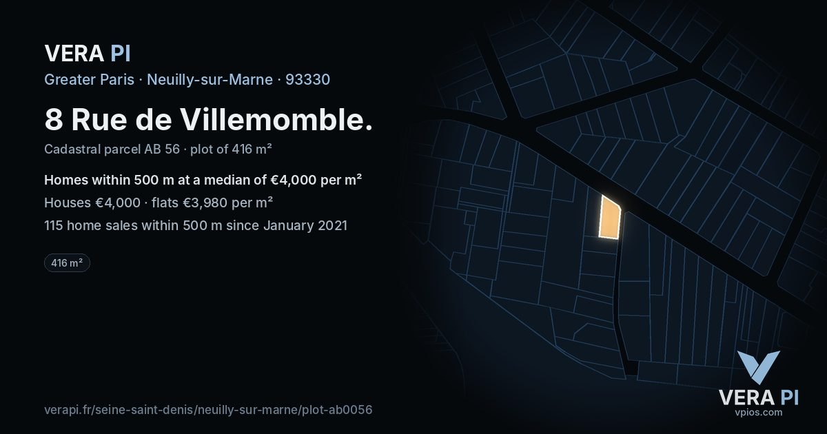 8 Rue de Villemomble, Neuilly-sur-Marne at night – the plot lit, the parcels around coloured by the prices near them