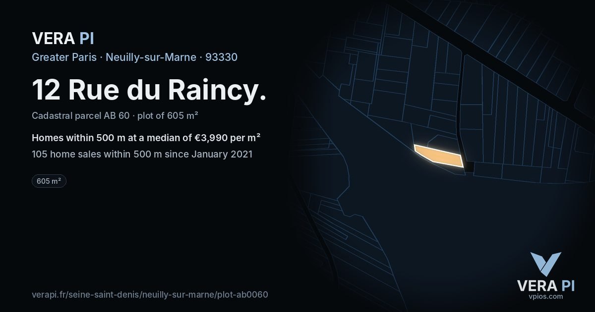 12 Rue du Raincy, Neuilly-sur-Marne at night – the plot lit, the parcels around coloured by the prices near them