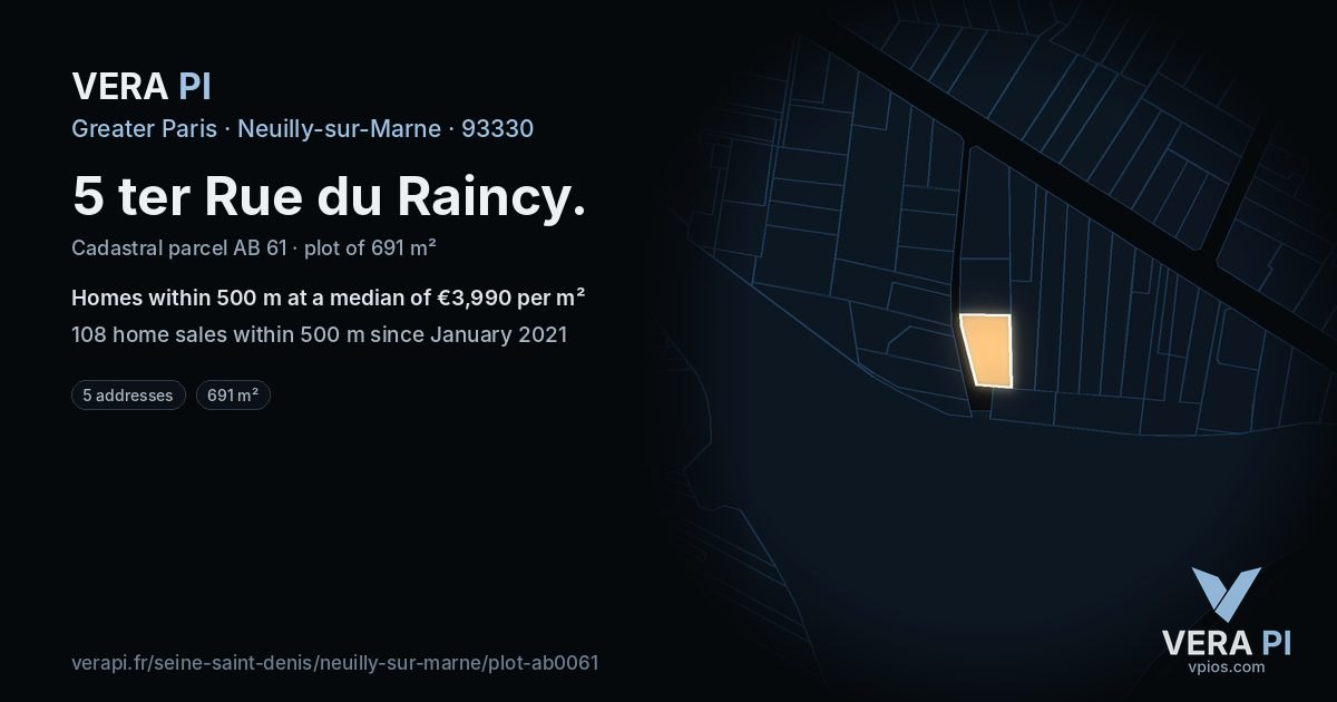5 ter Rue du Raincy, Neuilly-sur-Marne at night – the plot lit, the parcels around coloured by the prices near them