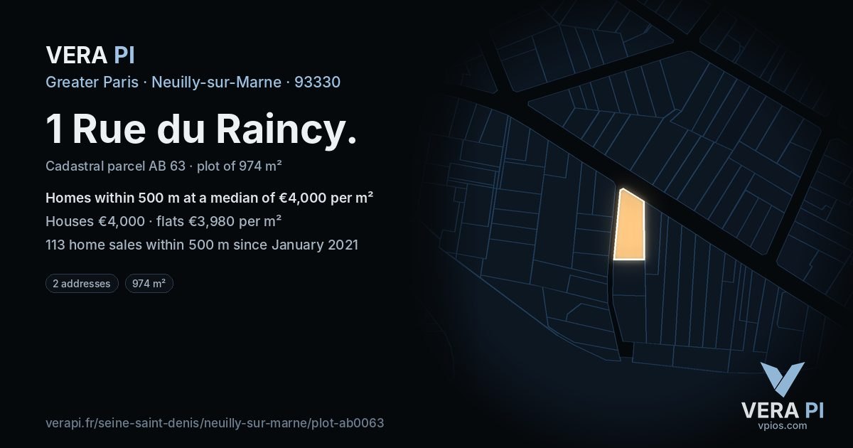 1 Rue du Raincy, Neuilly-sur-Marne at night – the plot lit, the parcels around coloured by the prices near them
