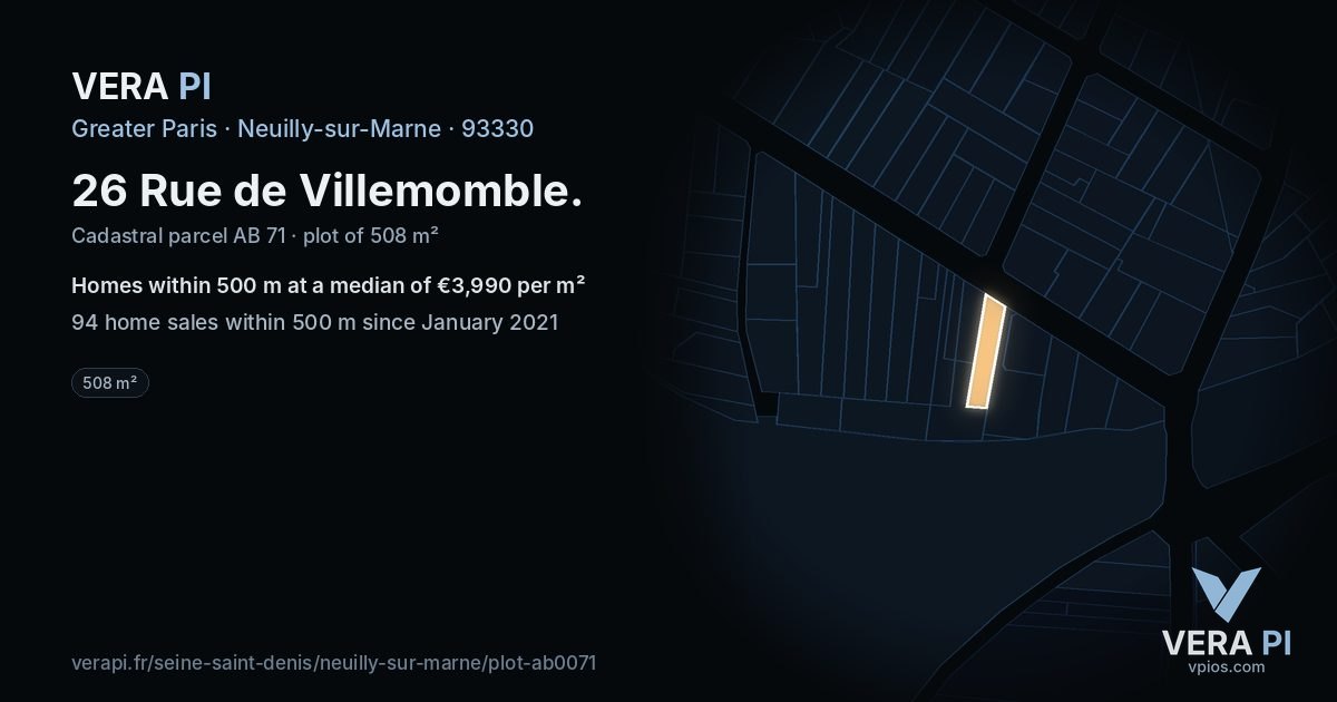 26 Rue de Villemomble, Neuilly-sur-Marne at night – the plot lit, the parcels around coloured by the prices near them