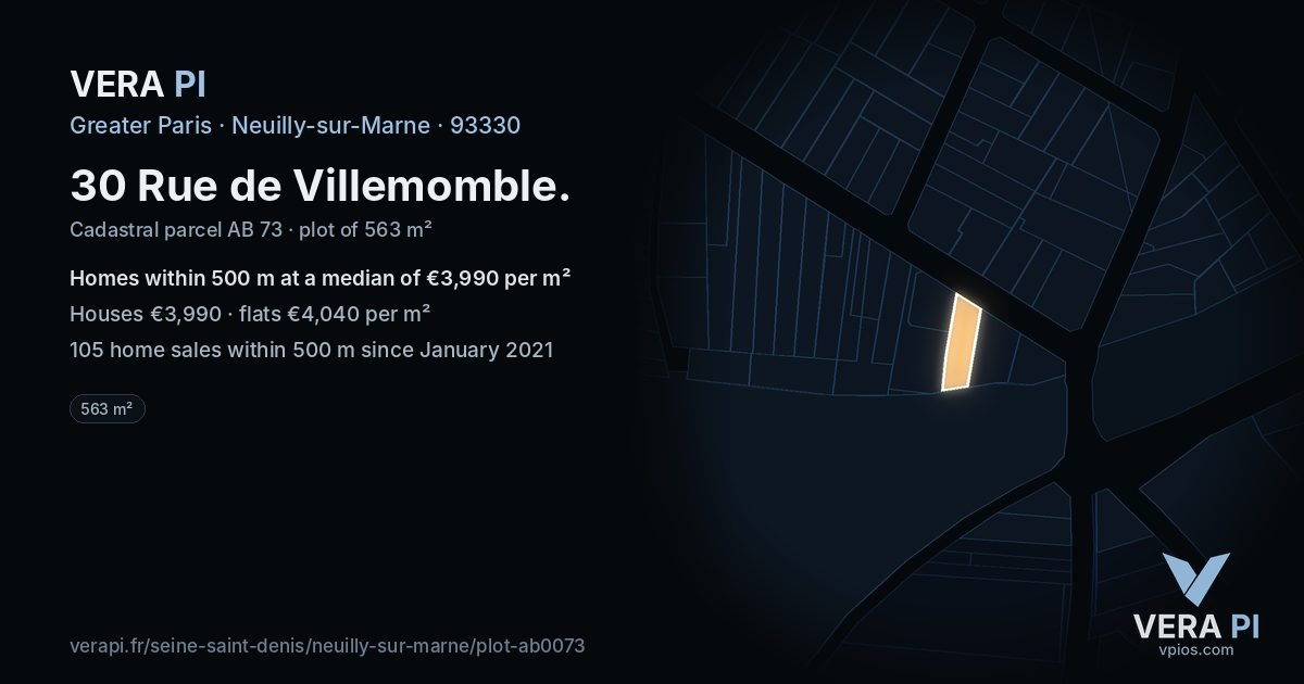 30 Rue de Villemomble, Neuilly-sur-Marne at night – the plot lit, the parcels around coloured by the prices near them