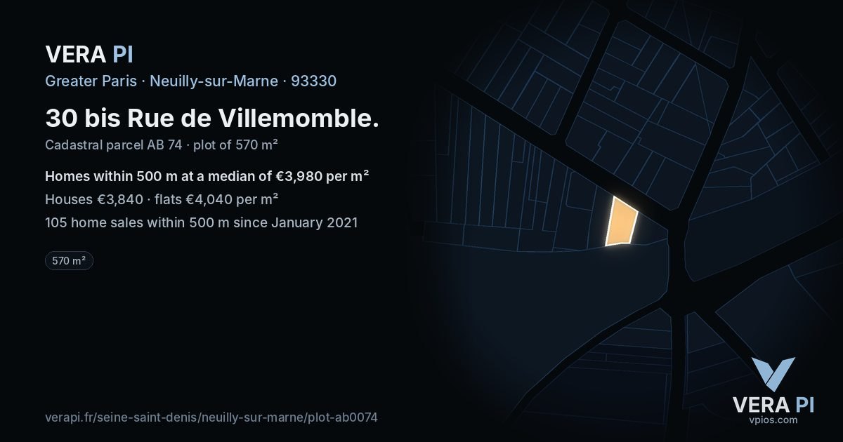 30 bis Rue de Villemomble, Neuilly-sur-Marne at night – the plot lit, the parcels around coloured by the prices near them