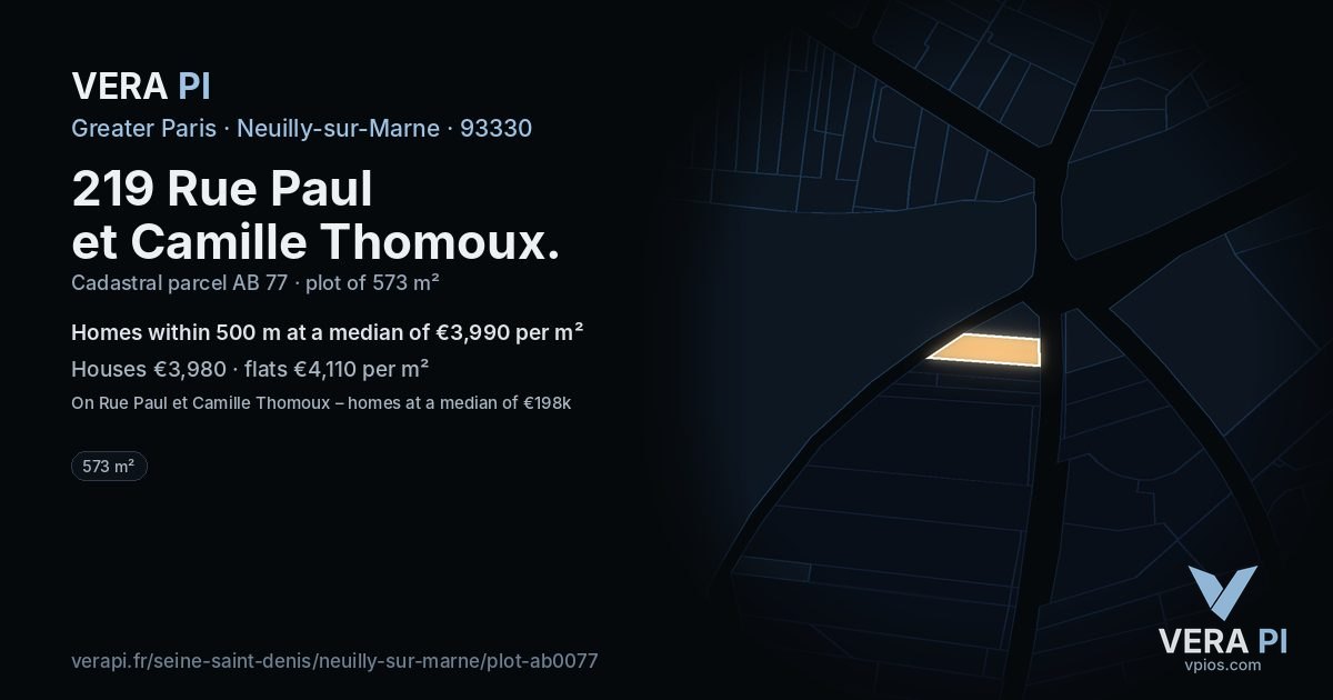 219 Rue Paul et Camille Thomoux, Neuilly-sur-Marne at night – the plot lit, the parcels around coloured by the prices near them