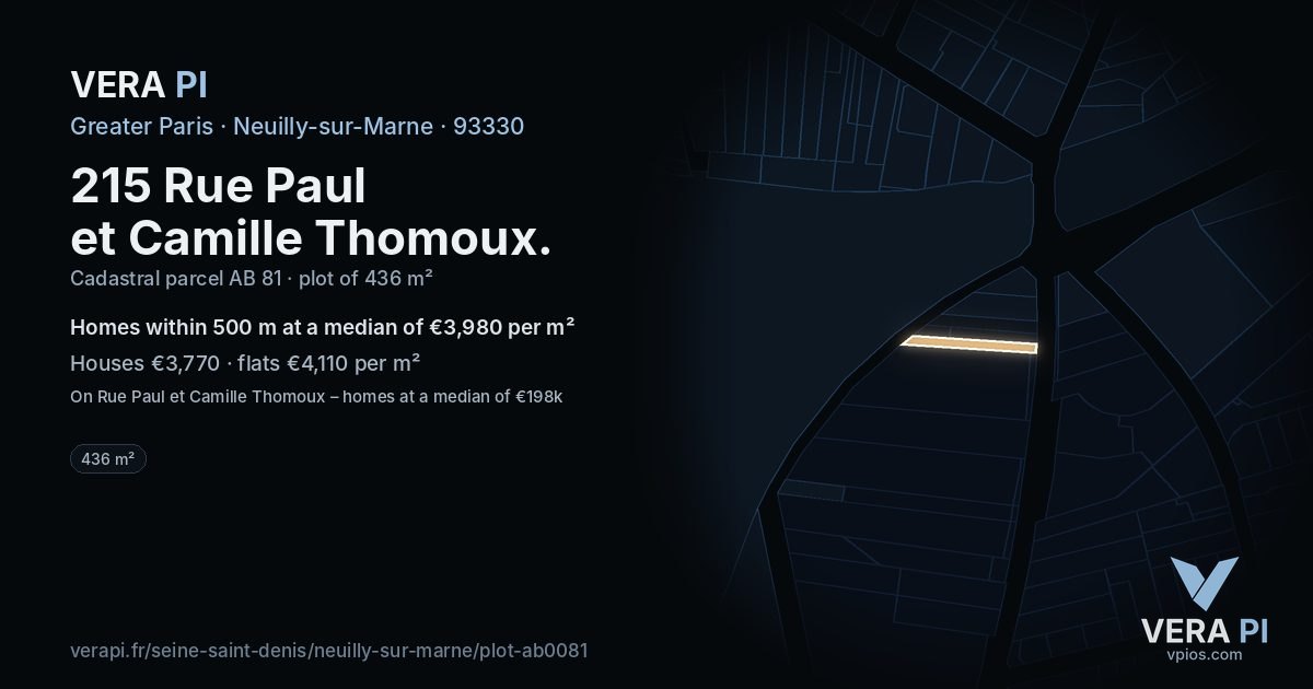 215 Rue Paul et Camille Thomoux, Neuilly-sur-Marne at night – the plot lit, the parcels around coloured by the prices near them