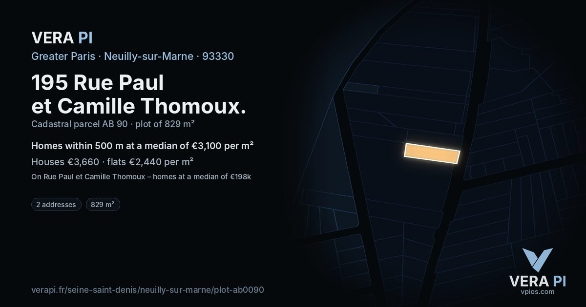 195 Rue Paul et Camille Thomoux, Neuilly-sur-Marne at night – the plot lit, the parcels around coloured by the prices near them