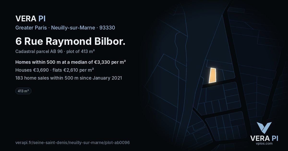 6 Rue Raymond Bilbor, Neuilly-sur-Marne at night – the plot lit, the parcels around coloured by the prices near them