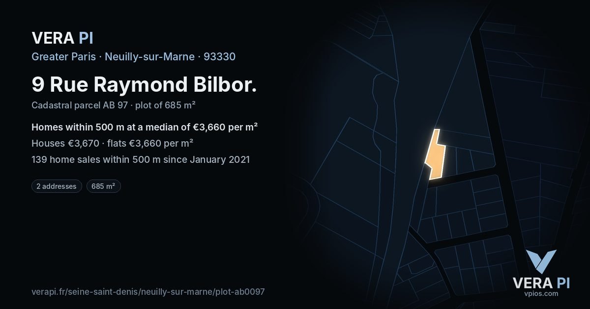 9 Rue Raymond Bilbor, Neuilly-sur-Marne at night – the plot lit, the parcels around coloured by the prices near them
