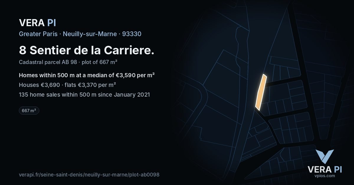 8 Sentier de la Carriere, Neuilly-sur-Marne at night – the plot lit, the parcels around coloured by the prices near them