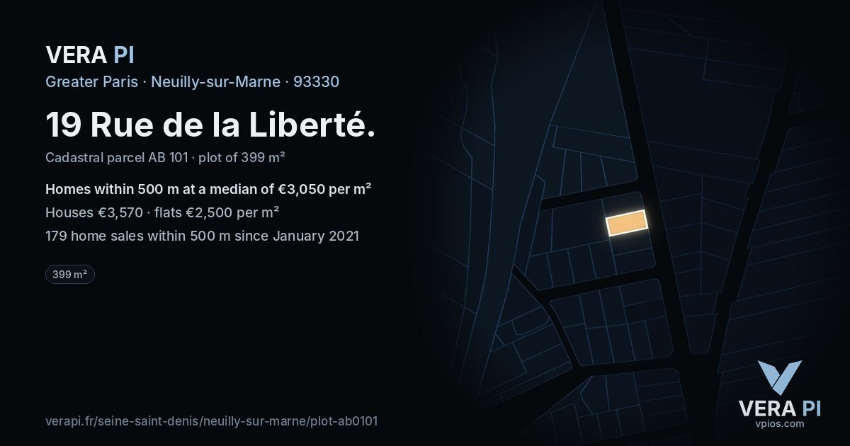 19 Rue de la Liberté, Neuilly-sur-Marne at night – the plot lit, the parcels around coloured by the prices near them