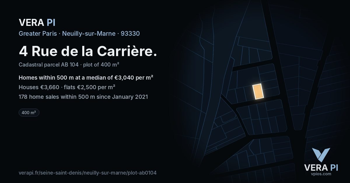 4 Rue de la Carrière, Neuilly-sur-Marne at night – the plot lit, the parcels around coloured by the prices near them