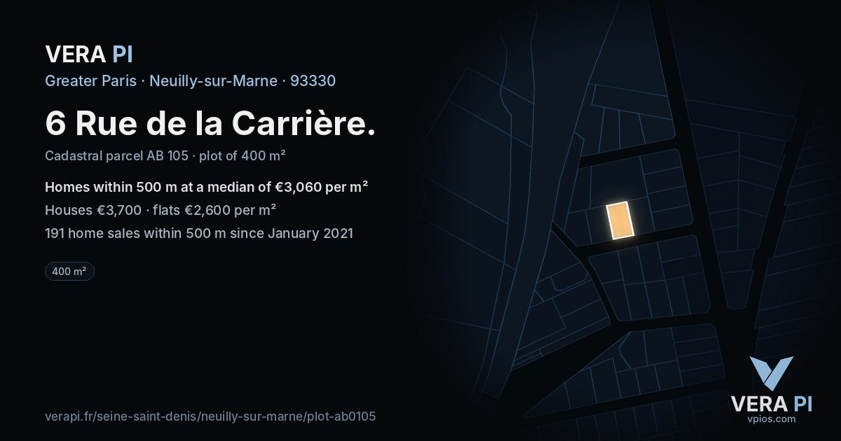 6 Rue de la Carrière, Neuilly-sur-Marne at night – the plot lit, the parcels around coloured by the prices near them