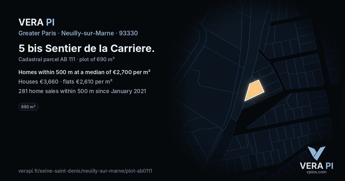 5 bis Sentier de la Carriere, Neuilly-sur-Marne at night – the plot lit, the parcels around coloured by the prices near them