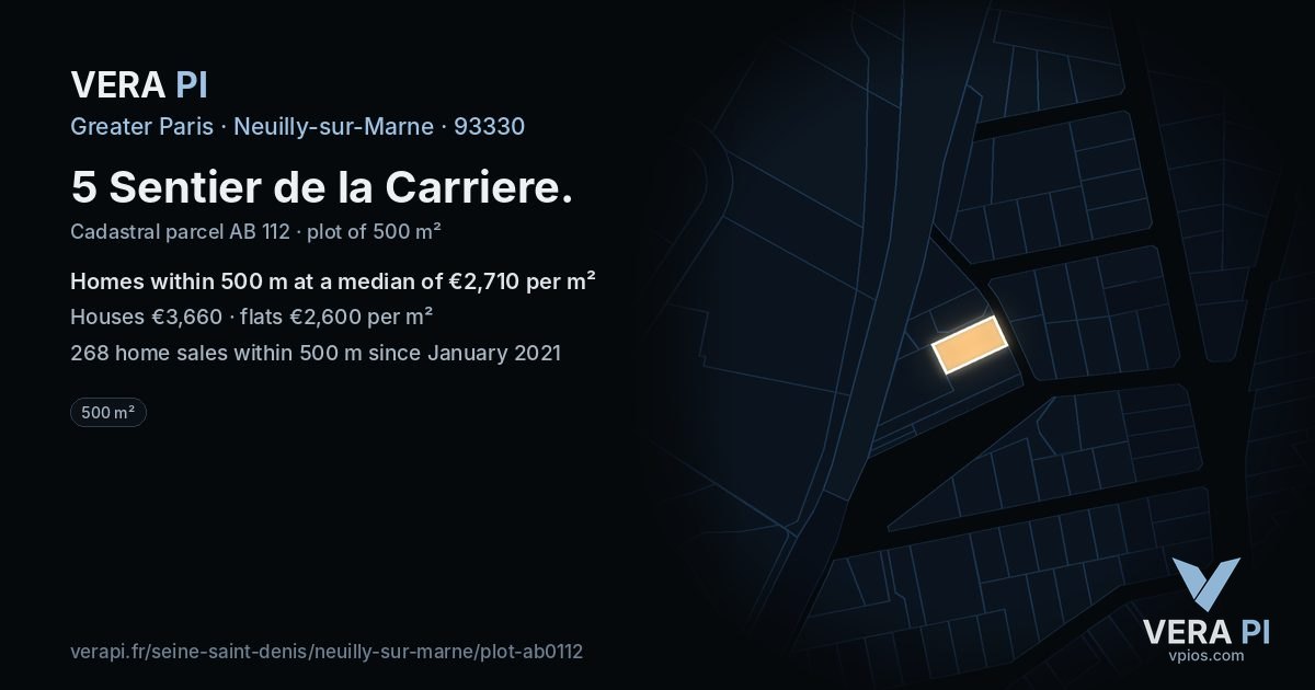 5 Sentier de la Carriere, Neuilly-sur-Marne at night – the plot lit, the parcels around coloured by the prices near them