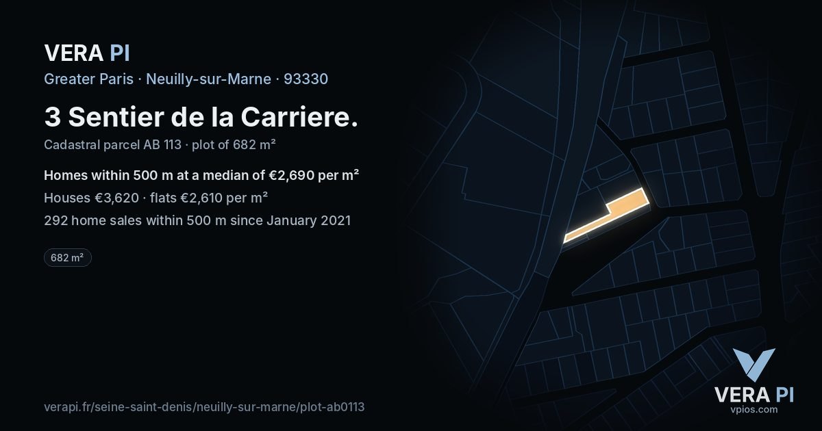3 Sentier de la Carriere, Neuilly-sur-Marne at night – the plot lit, the parcels around coloured by the prices near them