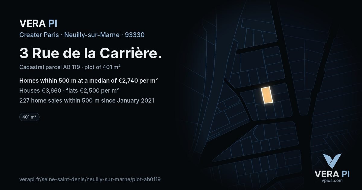 3 Rue de la Carrière, Neuilly-sur-Marne at night – the plot lit, the parcels around coloured by the prices near them
