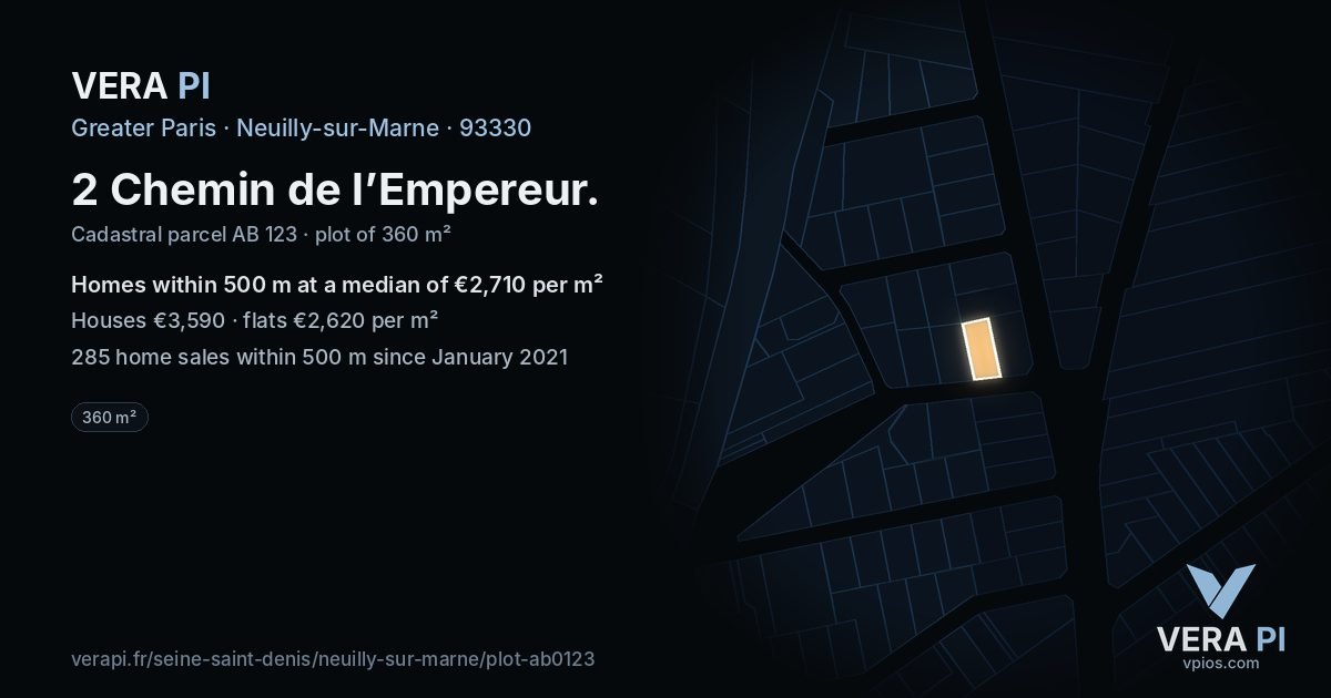 2 Chemin de l’Empereur, Neuilly-sur-Marne at night – the plot lit, the parcels around coloured by the prices near them