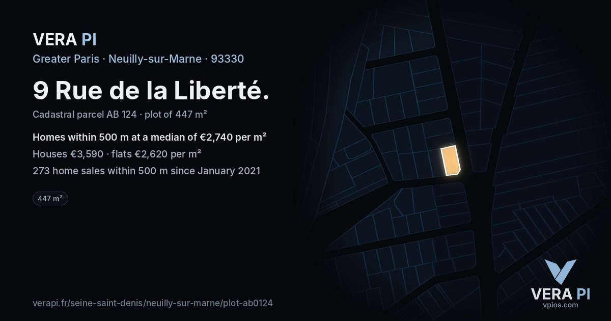 9 Rue de la Liberté, Neuilly-sur-Marne at night – the plot lit, the parcels around coloured by the prices near them