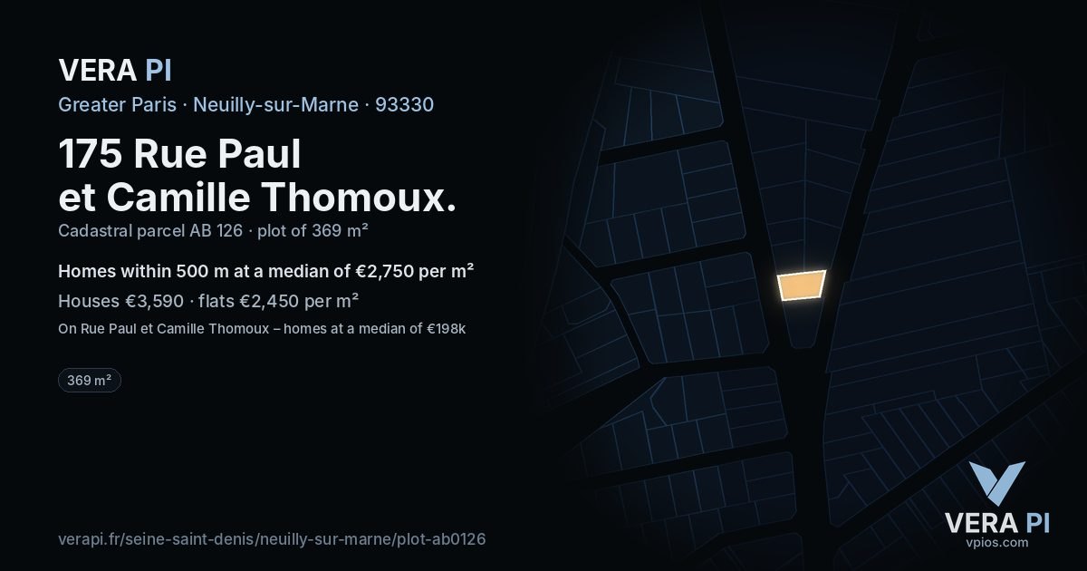 175 Rue Paul et Camille Thomoux, Neuilly-sur-Marne at night – the plot lit, the parcels around coloured by the prices near them