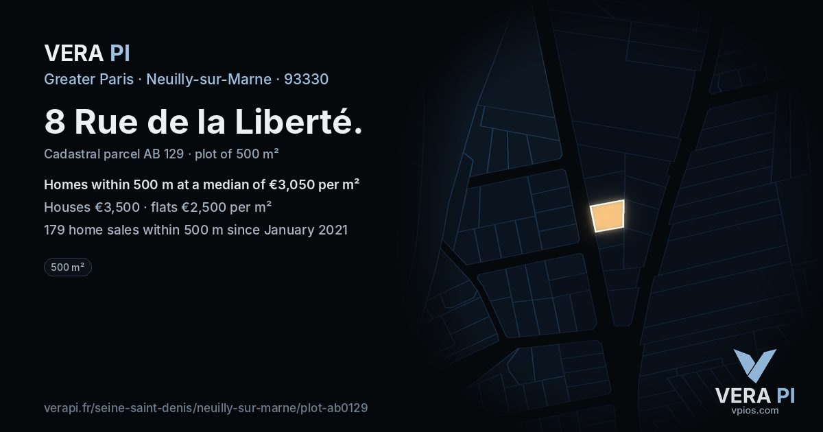 8 Rue de la Liberté, Neuilly-sur-Marne at night – the plot lit, the parcels around coloured by the prices near them