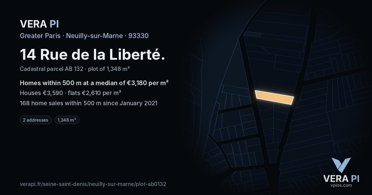 14 Rue de la Liberté, Neuilly-sur-Marne at night – the plot lit, the parcels around coloured by the prices near them