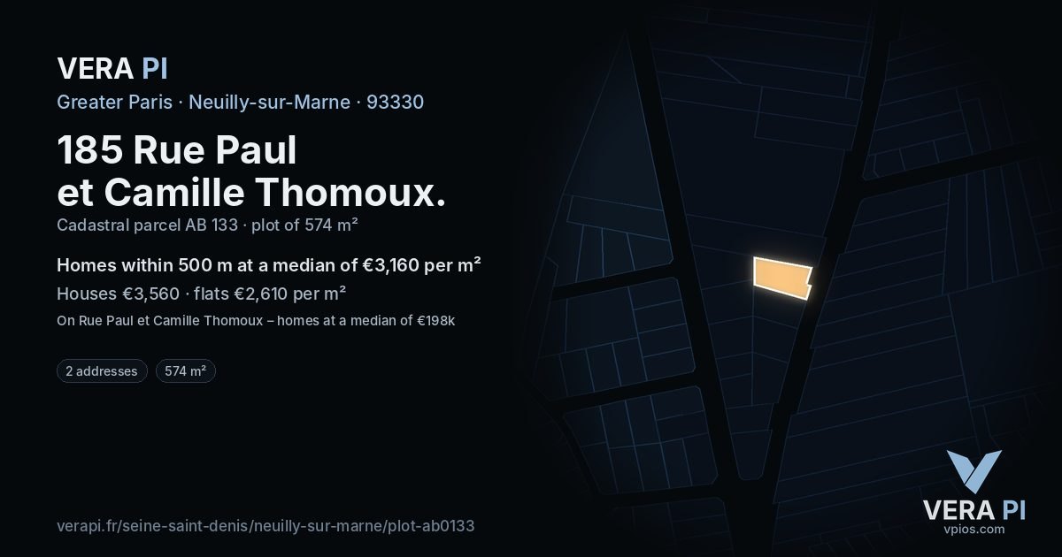185 Rue Paul et Camille Thomoux, Neuilly-sur-Marne at night – the plot lit, the parcels around coloured by the prices near them