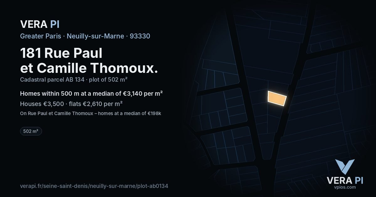 181 Rue Paul et Camille Thomoux, Neuilly-sur-Marne at night – the plot lit, the parcels around coloured by the prices near them