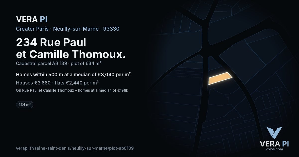 234 Rue Paul et Camille Thomoux, Neuilly-sur-Marne at night – the plot lit, the parcels around coloured by the prices near them