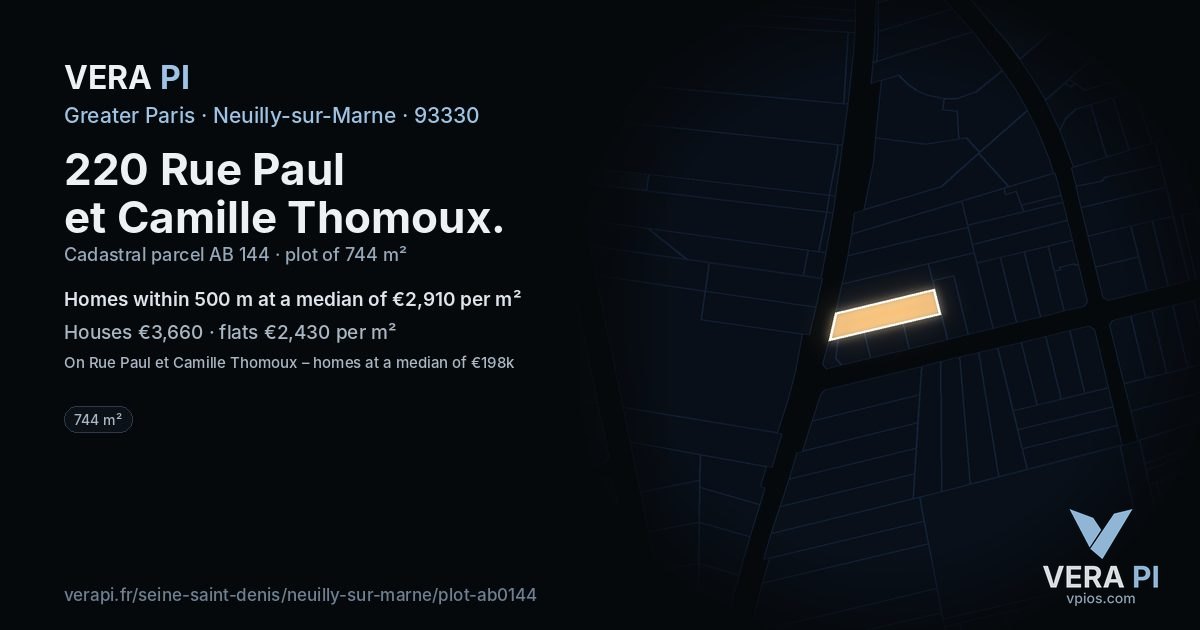 220 Rue Paul et Camille Thomoux, Neuilly-sur-Marne at night – the plot lit, the parcels around coloured by the prices near them