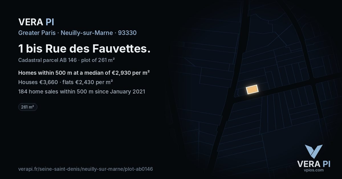 1 bis Rue des Fauvettes, Neuilly-sur-Marne at night – the plot lit, the parcels around coloured by the prices near them