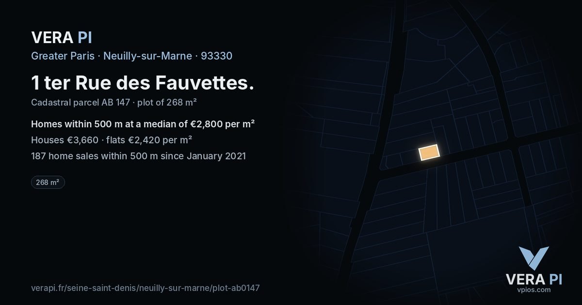 1 ter Rue des Fauvettes, Neuilly-sur-Marne at night – the plot lit, the parcels around coloured by the prices near them