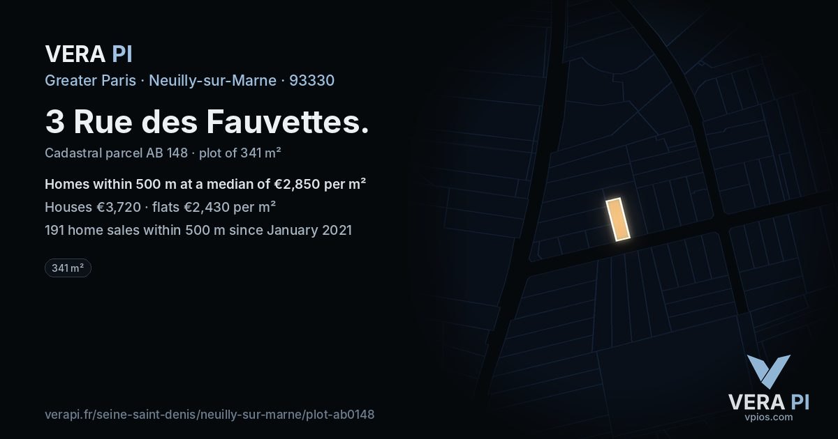 3 Rue des Fauvettes, Neuilly-sur-Marne at night – the plot lit, the parcels around coloured by the prices near them