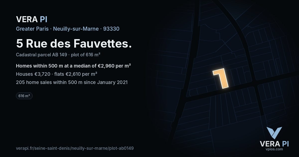 5 Rue des Fauvettes, Neuilly-sur-Marne at night – the plot lit, the parcels around coloured by the prices near them