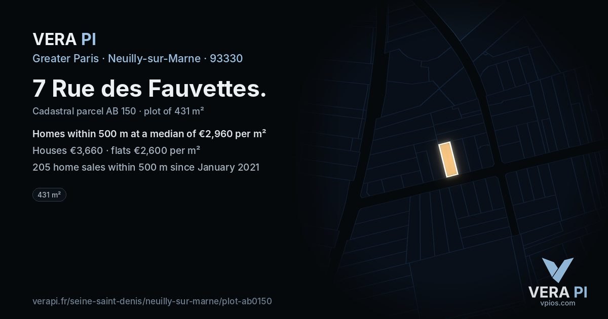 7 Rue des Fauvettes, Neuilly-sur-Marne at night – the plot lit, the parcels around coloured by the prices near them