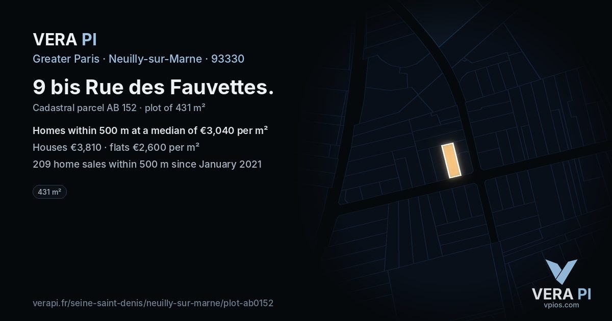 9 bis Rue des Fauvettes, Neuilly-sur-Marne at night – the plot lit, the parcels around coloured by the prices near them