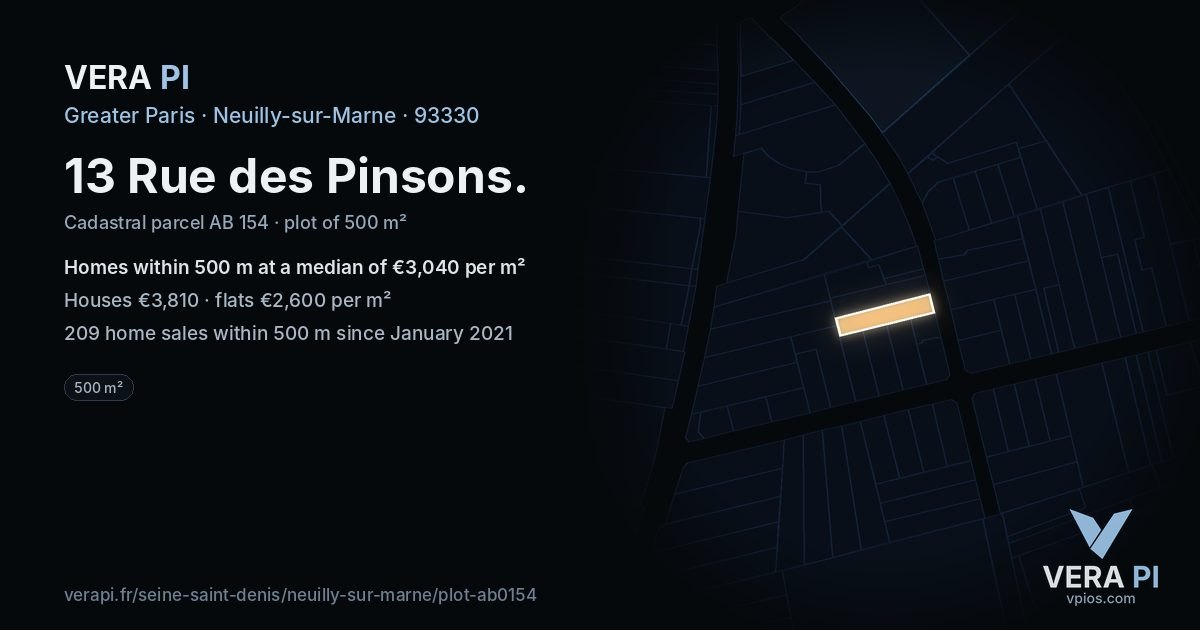 13 Rue des Pinsons, Neuilly-sur-Marne at night – the plot lit, the parcels around coloured by the prices near them