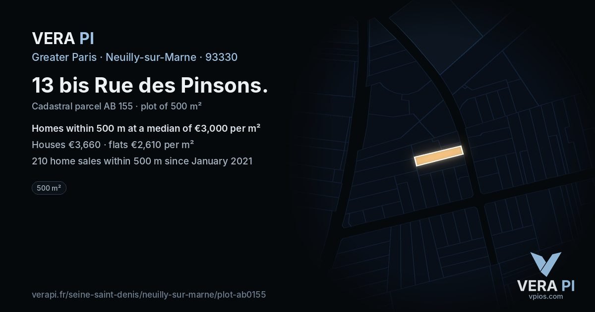 13 bis Rue des Pinsons, Neuilly-sur-Marne at night – the plot lit, the parcels around coloured by the prices near them