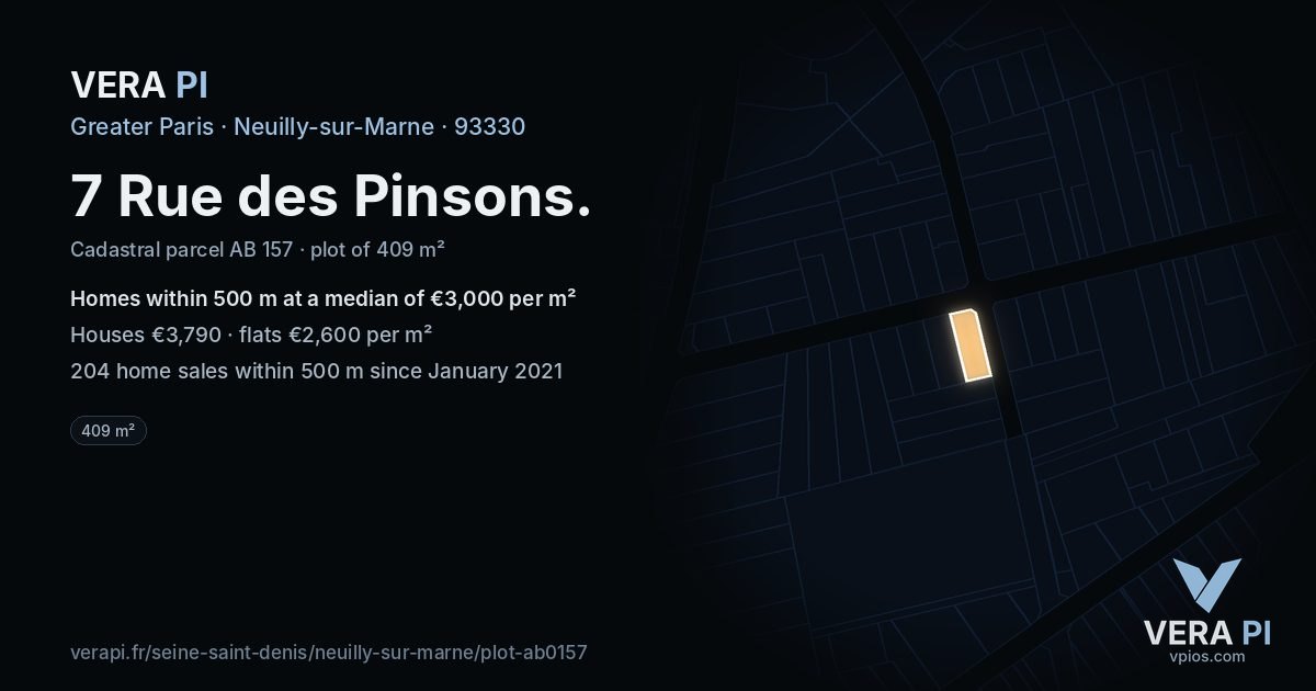 7 Rue des Pinsons, Neuilly-sur-Marne at night – the plot lit, the parcels around coloured by the prices near them